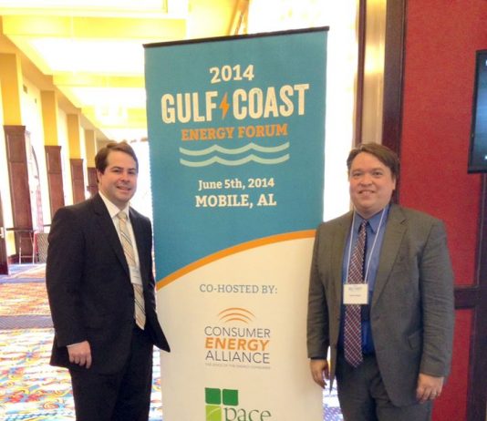 CEA-Florida Executive Director (right) readies for the Gulf Coast Energy Forum with event partner Lance Brown, Executive Director for PACE – Partnership for Affordable Clean Energy.