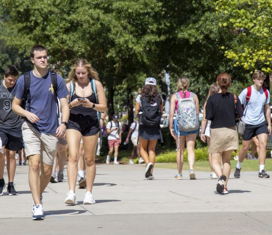 Students walking outside on a bright sunny day on campus