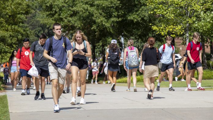 Students walking outside on a bright sunny day on campus