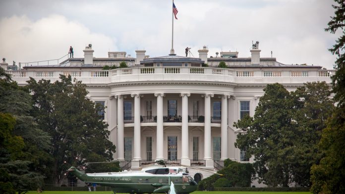 White House with Marine One Parked on Lawn