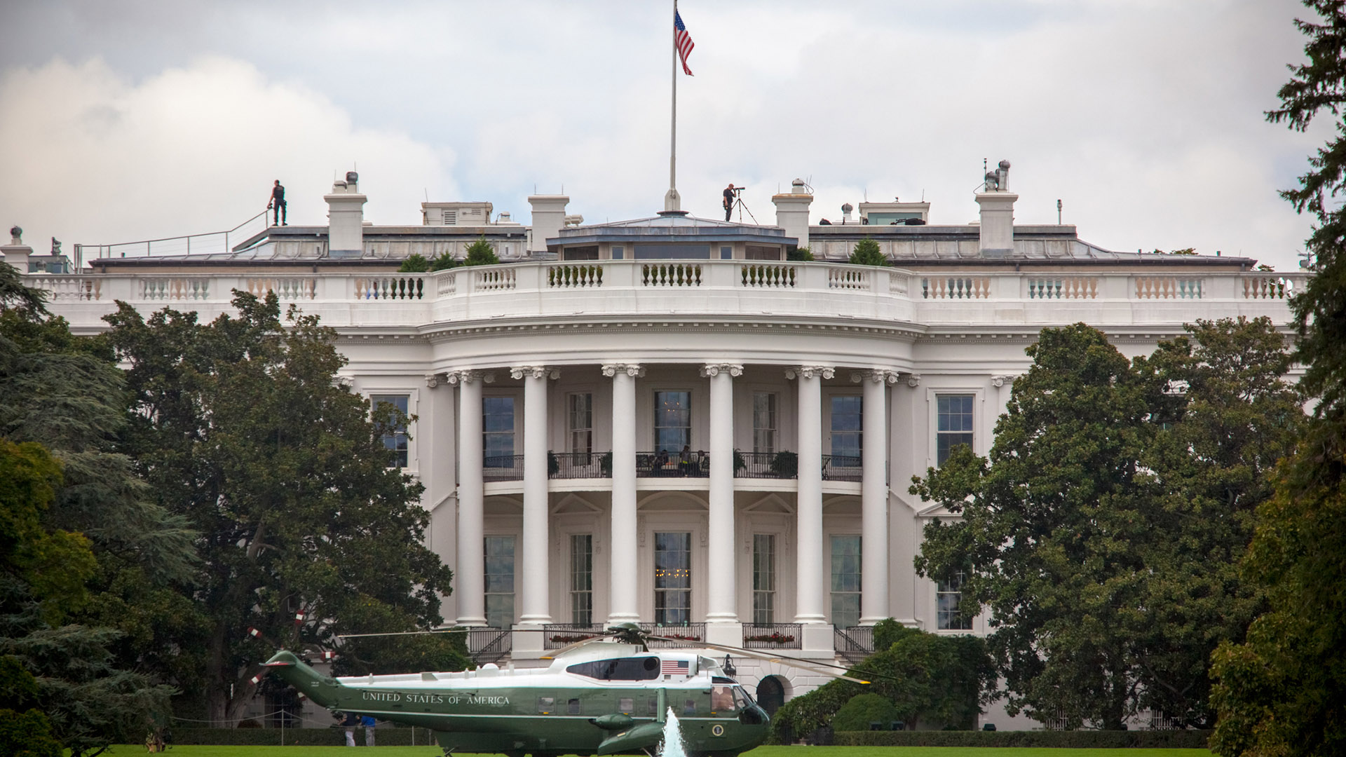 White House with Marine One Parked on Lawn