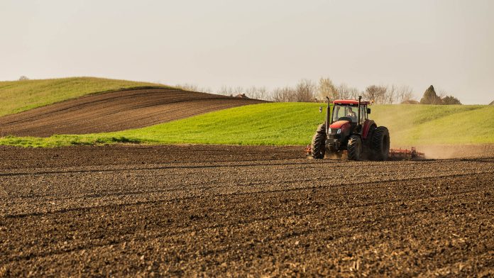 Farmer in tractor preparing land with seedbed cultivator