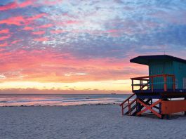 Miami South Beach sunrise with lifeguard tower