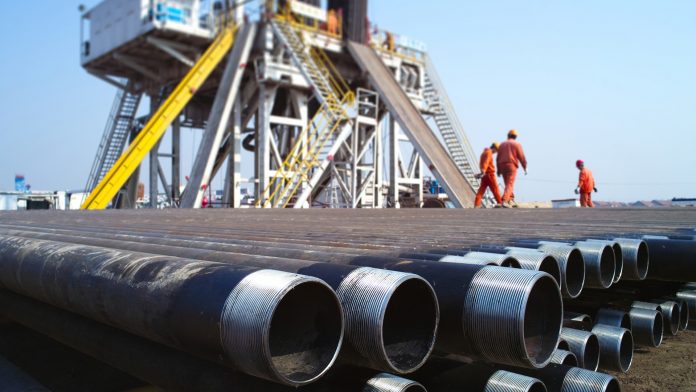 Offshore oil rig with workers