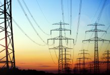 Electric transmission lines at dusk