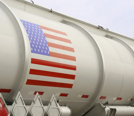 Tanker truck with American flag