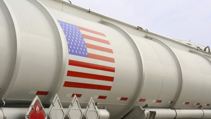 Tanker truck with American flag