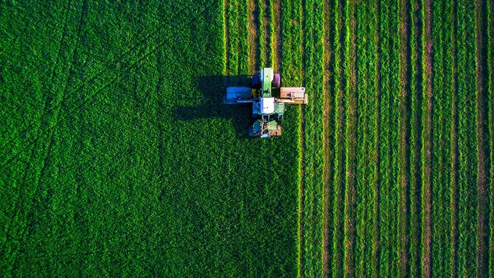 Tractor mowing green field