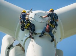 Wind turbine with workers