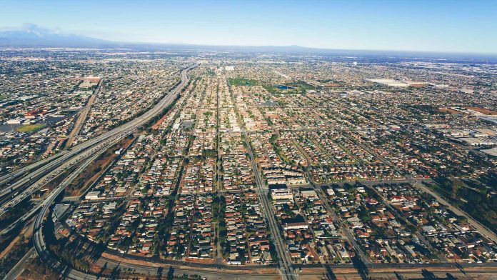 Aerial view of traffic on a highway in LA