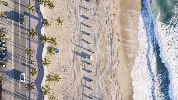 Fort Lauderdale Beach at sunrise from drone point of view