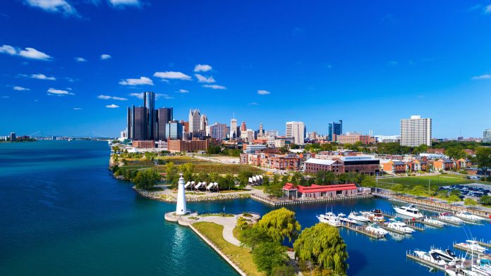 Detroit Skyline Aerial View With Lighthouse, Marina, and River