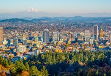 City of Portland Oregon and Mount Hood in Autumn