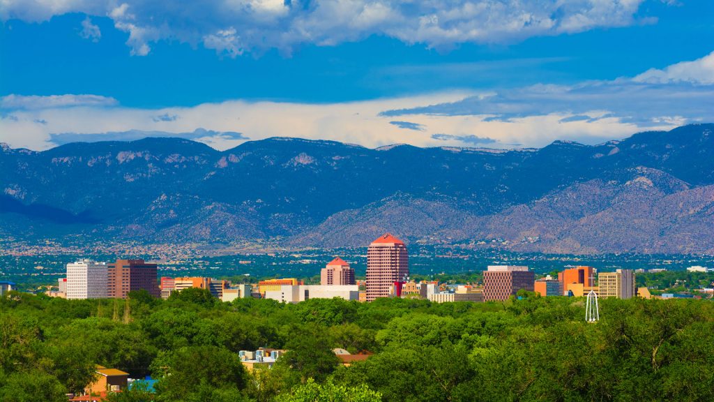 Albuquerque New Mexico skyline, mountains, and clouds