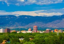 Albuquerque New Mexico skyline, mountains, and clouds