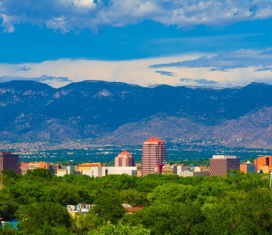 Albuquerque New Mexico skyline, mountains, and clouds