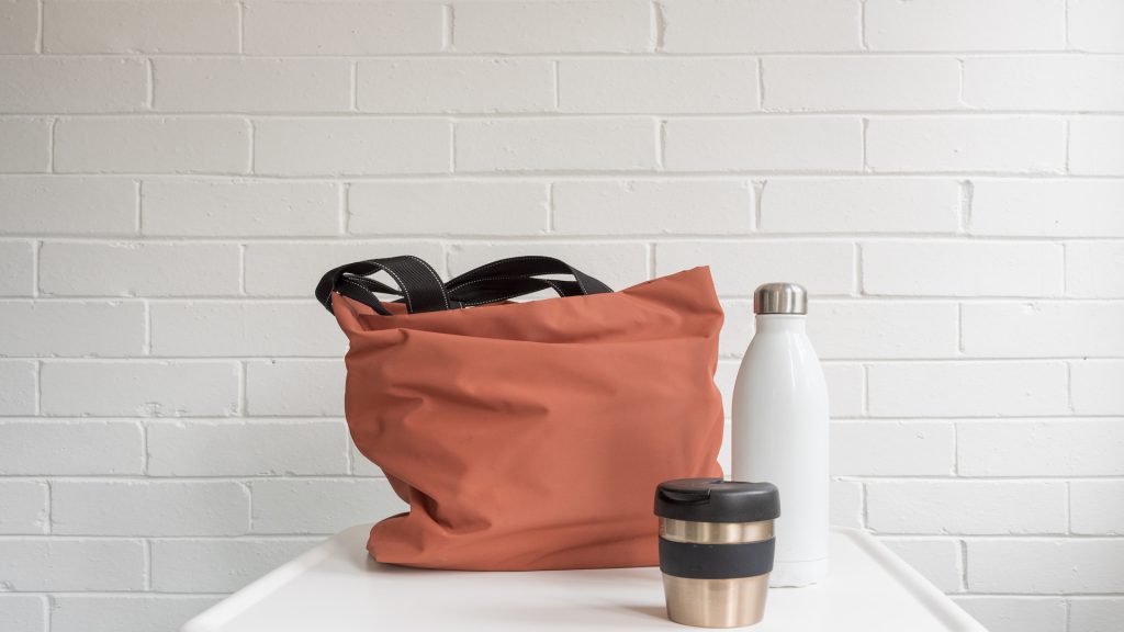 Reusable coffee cup, insulated drink bottle and shopping tote bag