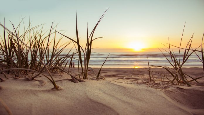 Early morning sun breaks light over the sand dunes