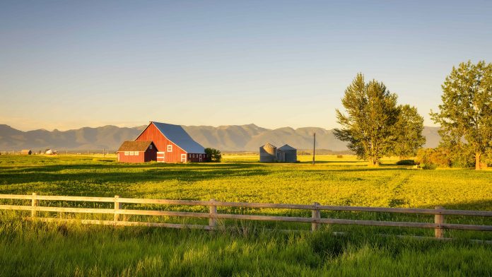 Summer sunset with a red barn in rural Montana and Rocky Mountains