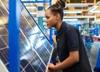 Quality engineer examining solar panels in factory