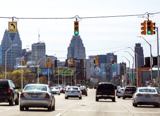 City traffic in Detroit Michigan