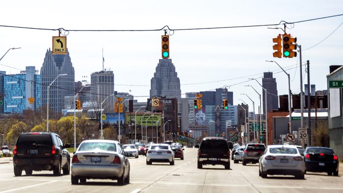 City traffic in Detroit Michigan