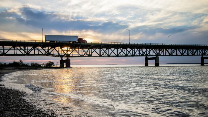 Semi Truck Crossing the Mackinaw Bridge