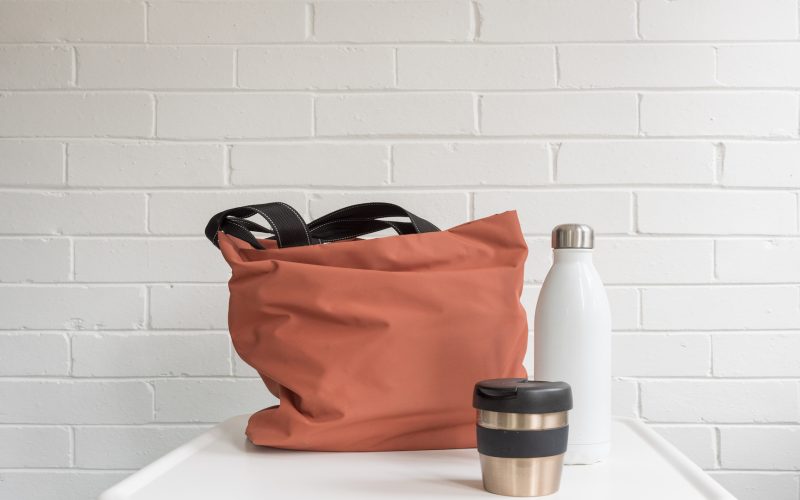 Reusable coffee cup, insulated drink bottle and shopping tote bag