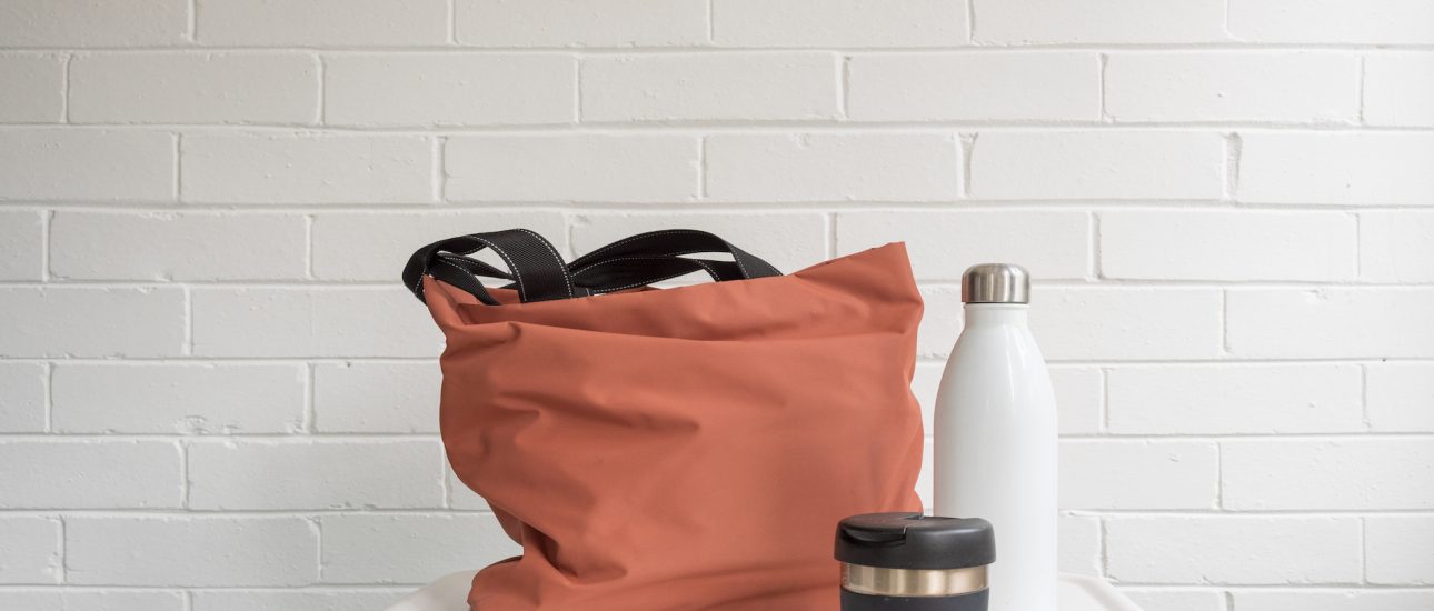 Reusable coffee cup, insulated drink bottle and shopping tote bag