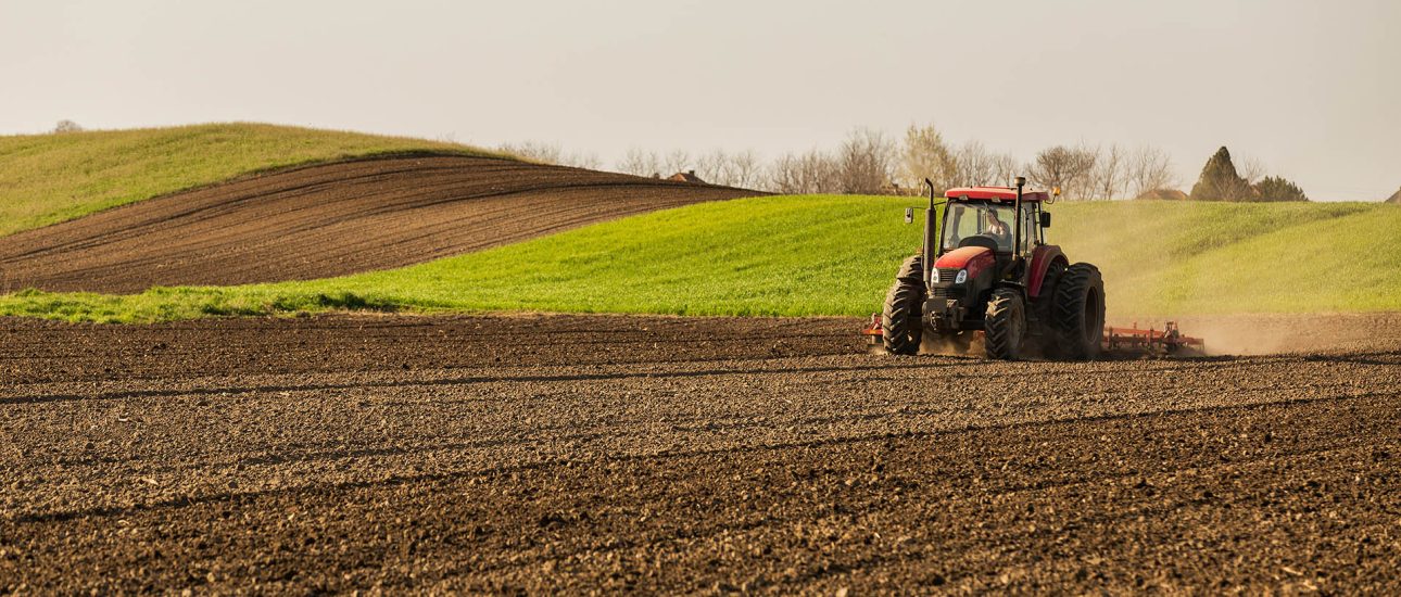 Farmer in tractor preparing land with seedbed cultivator