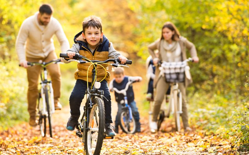 Family riding bikes in the woods