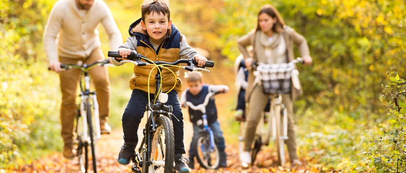 Family riding bikes in the woods