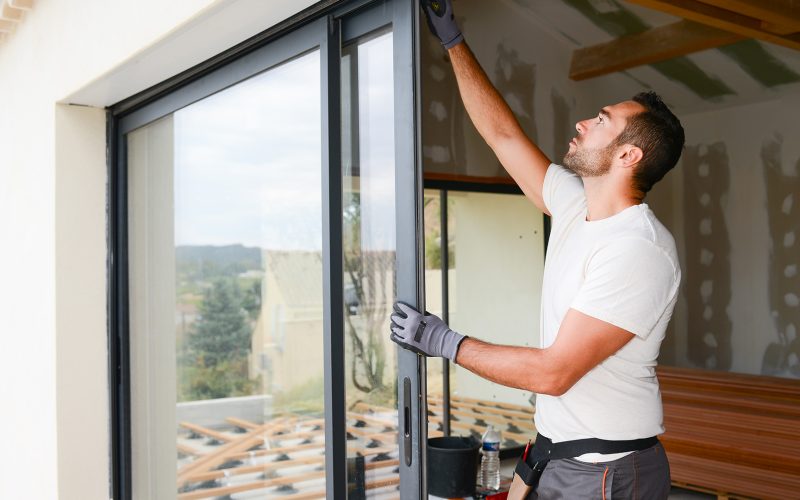 Worker installing a door