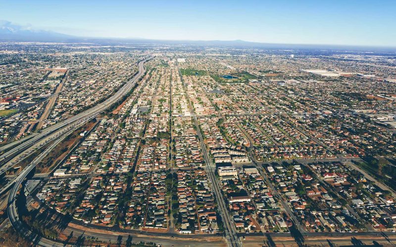 Aerial view of traffic on a highway in LA