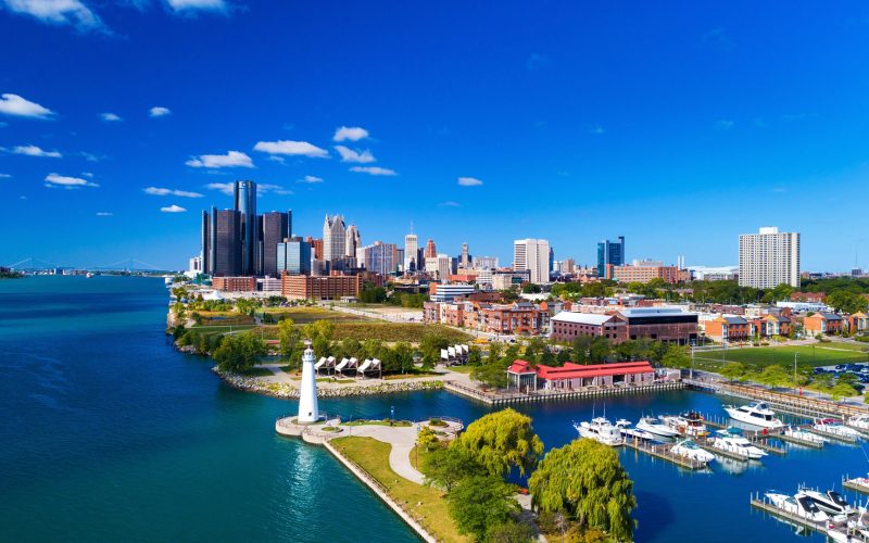 Detroit Skyline Aerial View With Lighthouse, Marina, and River