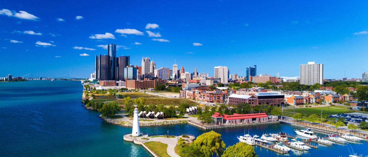 Detroit Skyline Aerial View With Lighthouse, Marina, and River