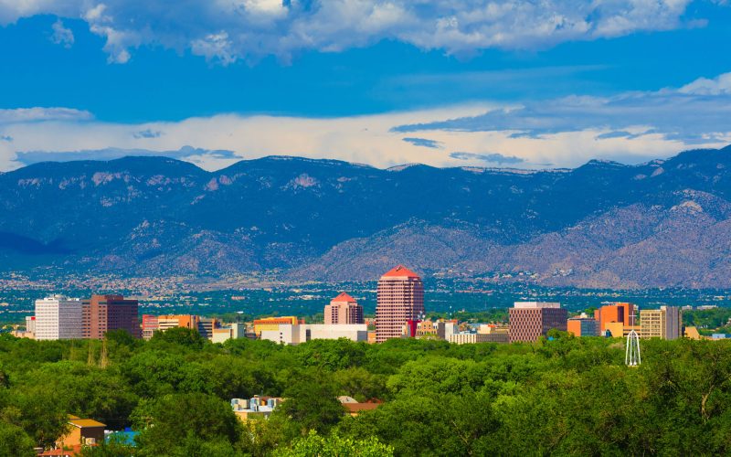 Albuquerque New Mexico skyline, mountains, and clouds