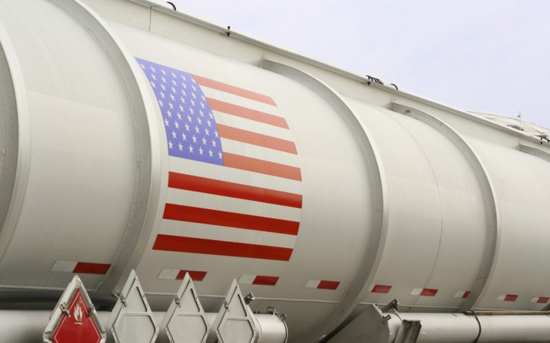 Tanker truck with American flag