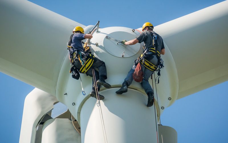 Wind turbine with workers