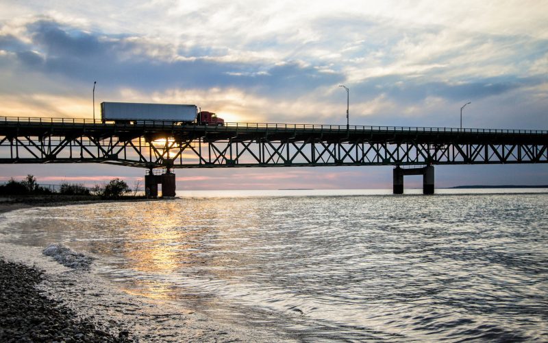 Semi Truck Crossing the Mackinaw Bridge